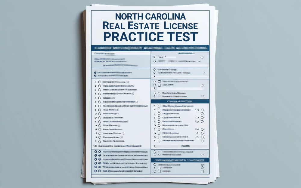 Top shot of a stack of papers showing a practice test for obtaining the North Carolina real estate license.